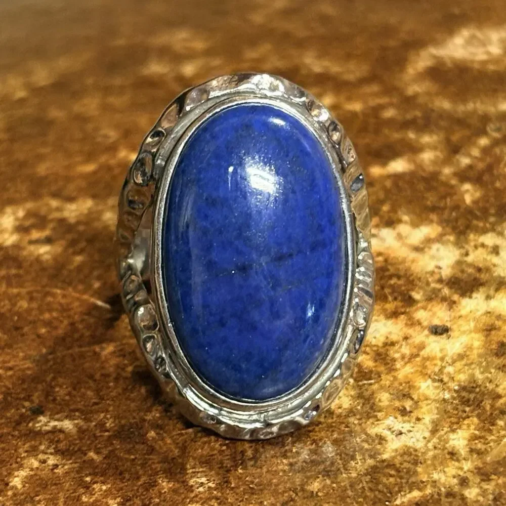 Stainless Steel & Blue Cabochon Stone Ring Size 9
